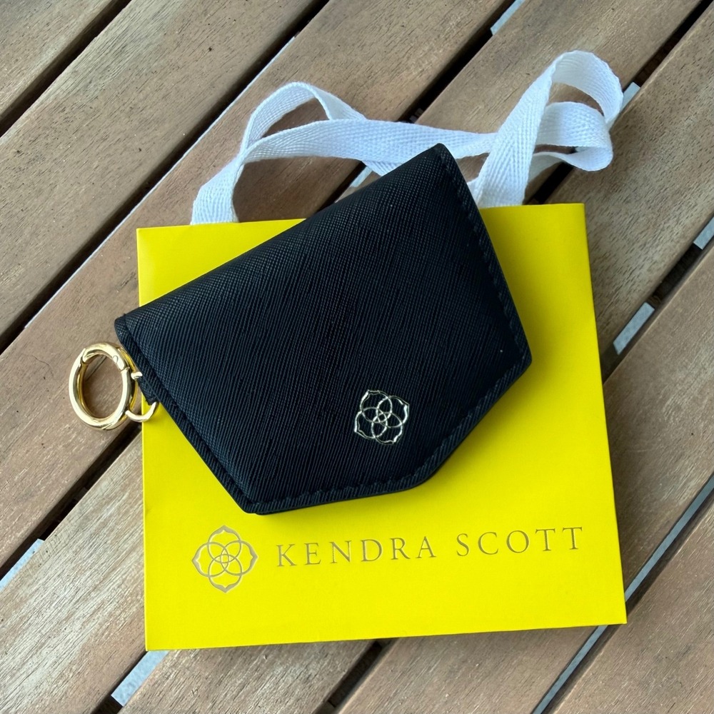 Kendra Scott Black Saffiano Card Case Keychain Wallet Gold Tone Logo